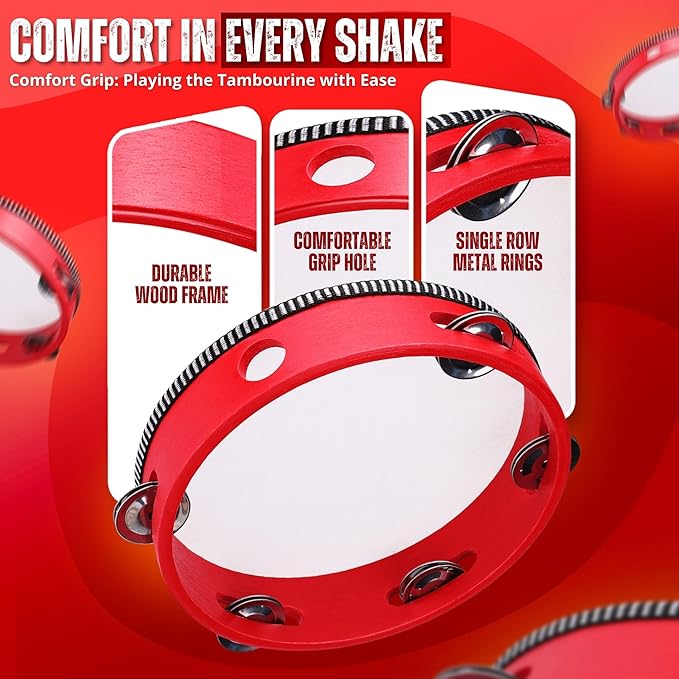 Flexzion Wood Handheld Tambourines - 8 and 6 Inch Set of 2 Pack, with Single Row Metal Jingle Bell (Red) Hand Held Tambourine Percussion Drum Moon Musical Instrument