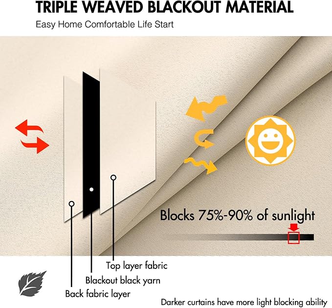ANRODUO Back Tab Blackout Curtains for Bedroom Living Room, Rod Pocket Pinch Pleated Thermal Insulated Room Darkening Curtains 108 Inches Long 2 Panels, Cream Beige, 52 x 108 Inch