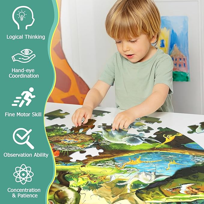 Floor Puzzles for Kids Ages 3-8, 70 Piece Dinosaur Jigsaw Puzzle for Kids Ages 3+ Year Old Large Round Toddler Puzzles Preschool Learning Educational Toys Gift for Boys Girls (Tyrannosaurus)