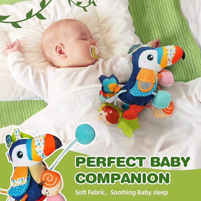 Jollybaby Musical Activity Pull String Hanging Toy for Baby Stroller Car Seat Crib Play Gym, Plush Stuffed Toucan Toy for Carseat with Music Teether Rattles, Sensory Toy for Baby Gift