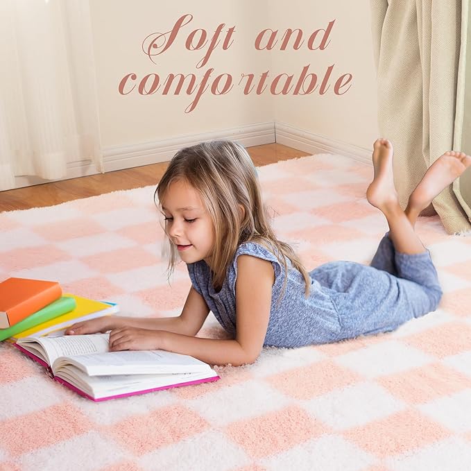 Super Soft Rug for Bedroom, Pink and White Area Rug Classic Checkered Shaggy Anti-Skid High Pile Soft Fluffy Rug Fuzzy Carpet for Living Room Bedroom Kids Room Nursery, Dorm Home Decor