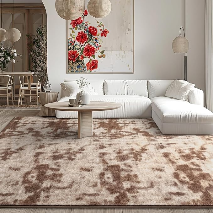 Kimicole 7x10 Washable Area Rugs for Living Room Bedroom, Large Low Pile Ulta-Thin Solid Color Rug, Non-Slip Soft Fluffy Carpet for Nursery Kids Room Dorm Room Home Decor (Brown)