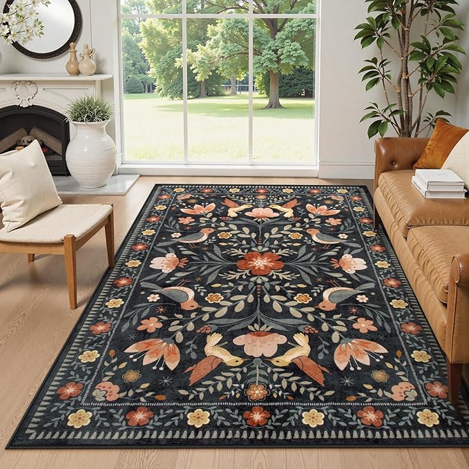 Moynesa Machine Washable 6x9 Area Rugs, Boho Bird Ultra Thin Living Room Rug Non Slip, Soft, Stain Resistant, Indoor Black Large Throw Carpet for Bedroom Office Dining Room Under Table