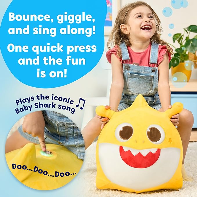 JITTERYGIT Baby Shark Official Bouncy Hopper Plush Musical Singing Toy - Inflatable Animal Ride On for Indoor & Outdoor - Birthday Gift for Kids & Toddlers (Boys & Girls) Ages 18+ Months (Yellow)