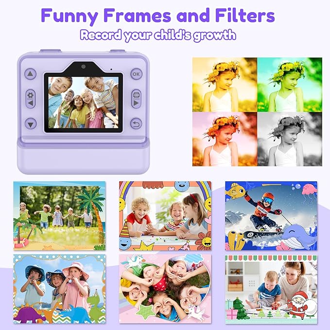 Instant Camera, Instant Print Camera for Kids with 1080P Videos, Front Rear Dual Selfie, 3 Rolls Print Paper & 32GB SD Cards, Christmas Birthday Gifts for Girls Age 3-12