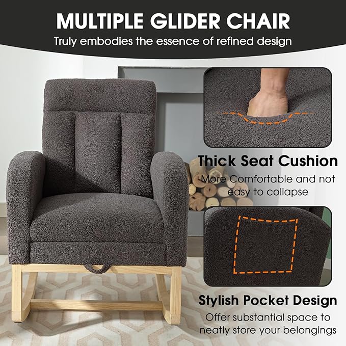 NIOIIKIT Modern Nursery Rocking Chair, Teddy Upholstered Rocking Chair with Footrest, Comfortable Rocker Recliner with Side Pocket, Glider Rocker for Living Room, Bedroom, Nursing Room (Dark Grey)