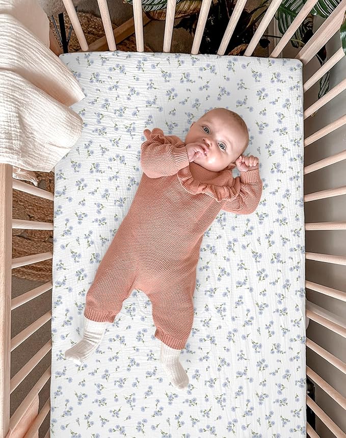 Bassinet Sheet for Baby Boy and Girl 2 Pack, Fitted Sheets for Rectangle, Oval, Hourglass Bassinet Mattress, Muslin Moses Basket Sheets with Neutral Style (Bluebell Bloom & Light Blue)