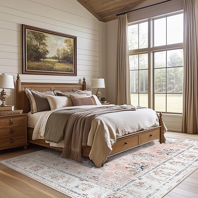 jinchan 6x9 Area Rugs for Living Room - Machine Washable Vintage Floral Distressed Design Stain Resistant Boho Carpet Ultra-Thin Low Pile Non-Slip for Bedroom Dining Room Office (6‘x9',Pink)