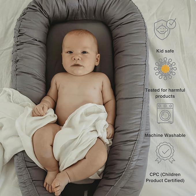 Infant Lounger, Baby Nest Cover for Baby Girls & Boys, Newborn Essentials for Baby 0-12 Months, 100% Cotton Breathable, Co Sleeper Portable Travel Bed (SlateGray, Cotton)