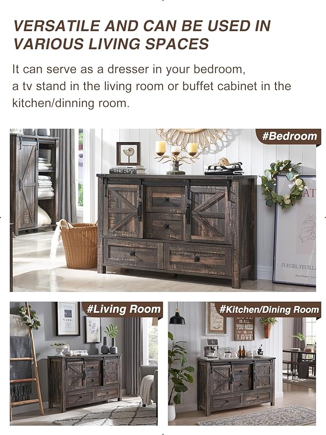 T4TREAM 48'' Farmhouse Dresser w/4 Drawers & 2 Sliding Barn Doors, Tall Chest of Drawers Organizer, Rustic Dresser TV Stand w/Adjustable Shelf for Bedroom, Living Room, Nursery Room, Dark Rustic Oak