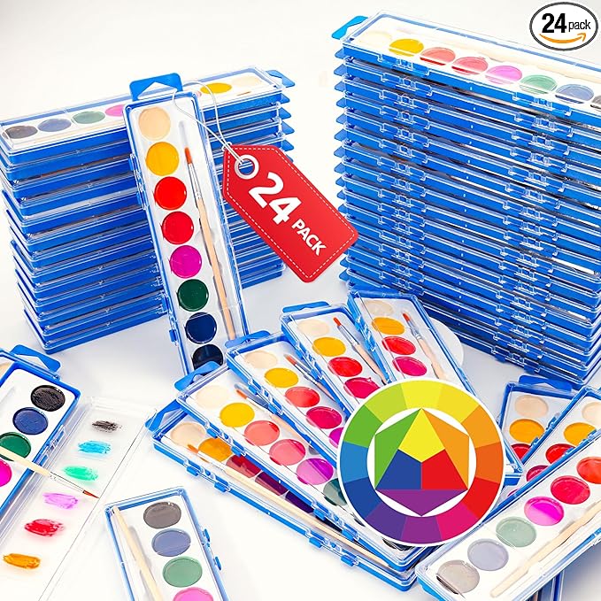 24 Pack Watercolor Paint Set for Kids - 8 Washable,Bright Colors with Paintbrush Watercolor Paint Bulk for Kids Party Favors,Classrooms Supplies,Art Lessons