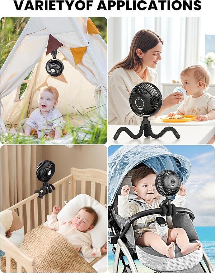 AMACOOL Baby Stroller Fan - 5000mAh Rechargeable, 3-Speed, Strong Yet Quiet, 360°Rotate Portable Clip on Fan for Travel, Car Seat, Crib, Bike, Treadmill, Beach Vacation Essentials