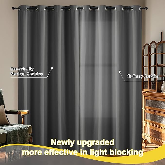 NICETOWN 100% Blackout Curtains 84 inch Long for Bedroom, Total Blackout Thermal Insulated Grommet Long Window Curtains 2 Panels Set, 2 Panels, Grey, 52 inch Wide