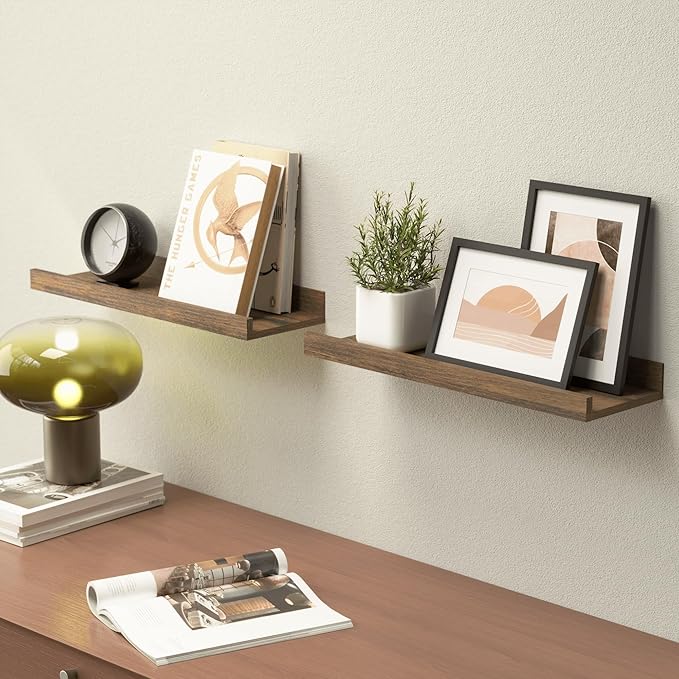 Floating Shelves for Wall, Wall Mounted Shelves Set of 2, Rustic Shelves with Lip, Display Picture Ledge Shelf for Wall Decor Living Room Bathroom Kitchen - Brown