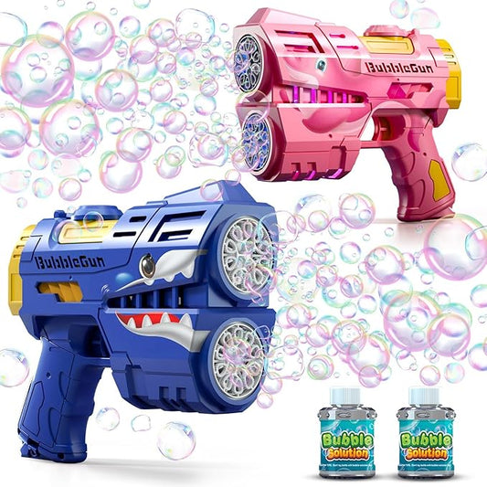 Jasny 2 Pack Bubble Guns for Kids, Rechargeable LED Light Up Dinosaur Bubbles Machine Blower with 2 Bottles Refill Solution for Toddlers 4-8, Birthday Gift