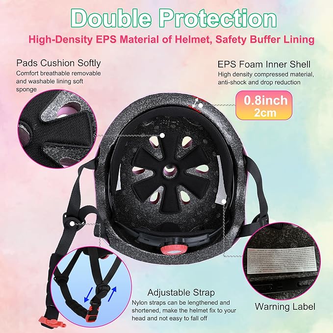 Kids Bike Helmet with DIY Stickers and Knee Pads Elbow Pads Wrist Guard Set for Ages 3-8-14 Toddler Boys Girls Helmet for Roller Skates Cycling Skateboarding Bicycle Scooter