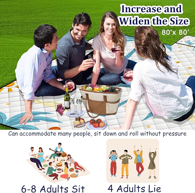 Extra Large Picnic Blanket Waterproof,80"x 80"Foldable Machine Washable Beach Blanket,Outdoor Blanket for 6-8 Adults,Suitable for Indoor Crawling,Park Beach,Camping,Hiking,Family Travel(Island)