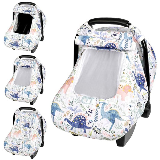 Pea Pod Car Seat Cover Baby Boy, Infant Car Seat Canopy Covers for Newborn with 2 Layers Windows of Breathable Mesh Fabric, Lightweight Polyester/Soft Minky Dot Backing
