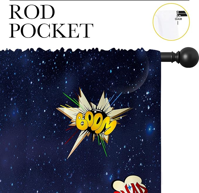 Super Hero Rod Pocket Blackout Curtains for Boy Girl Bedroom, Exploding City Starry Cartoon Skyline Home Energy Efficient Light Filtering Window Curtain for Living Room, 42x63 inch
