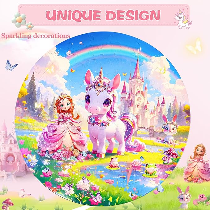Floor Puzzles for Kids Ages 4-6, 70 Pieces Large Round Unicorn Princess Floor Puzzle Unicorn Jigsaw Puzzle Toy for 3 4 5 6 Toddler Girls - Educational Christmas, Birthday Gift