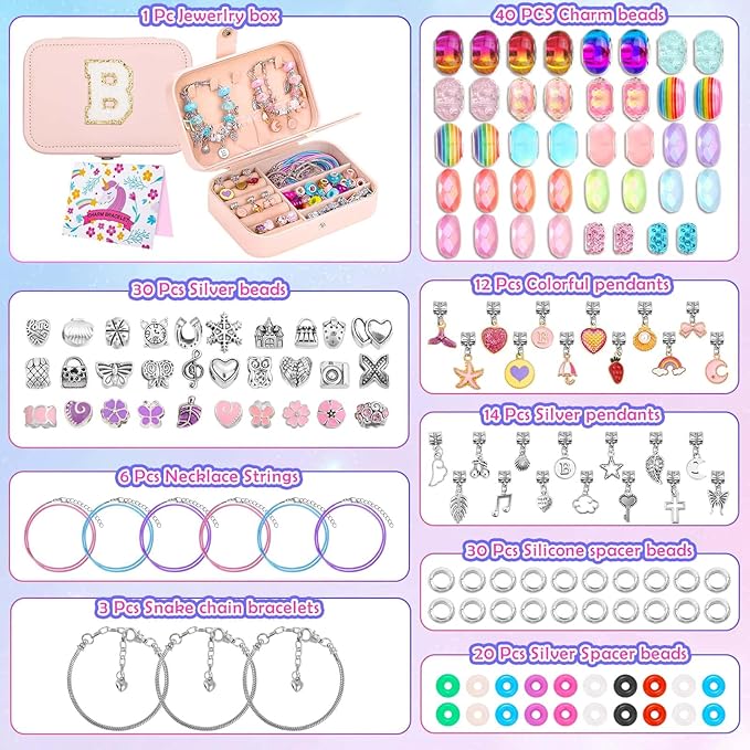 Girls Charm Bracelet Making Kit with Jewelry Box for Kids Charm Beads for Jewelry Making DIY Bracelet Craft Kit for Girls Age 8-12 Birthday Gifts Valentine Christmas