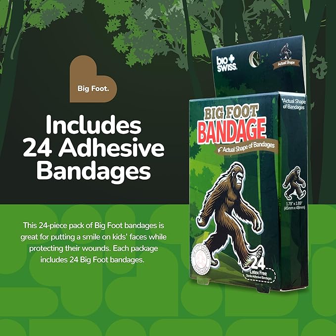 BioSwiss Bandages, Bigfoot Shaped Self Adhesive Bandage, Latex Free Wound Care, Fun First Aid Kit Supplies for Kids and Adults, 24 Count
