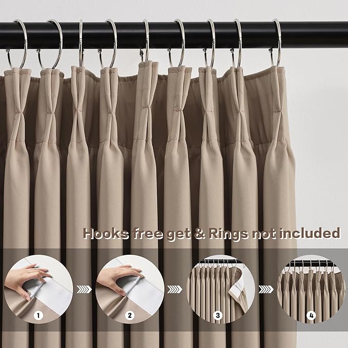 Pleated Blackout Curtain Drapes for Window 105" L - Triple Weave Vertical Energy Saving Solid Pinch Pleat Hook Room Divider Blackout Panels for Patio (72" Wide per Panel, 2 Panels, Khaki)