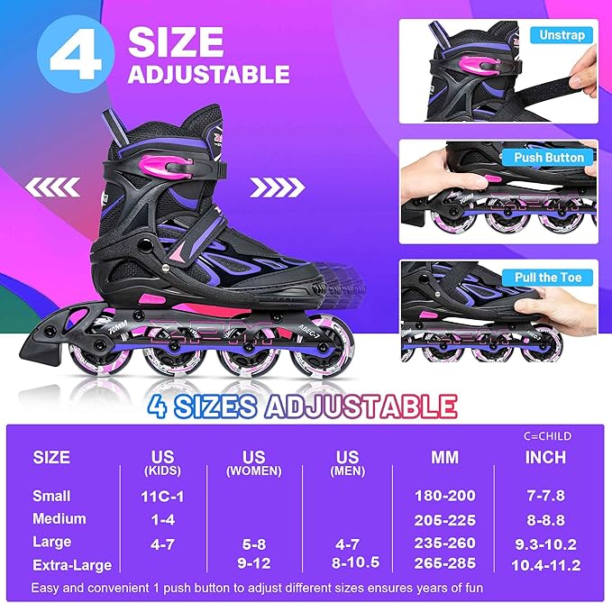 2PM SPORTS Vinal Girls Adjustable Flashing Inline Skates, All Wheels Light Up, Fun Illuminating Skates for Kids Men Adult Women and Boys