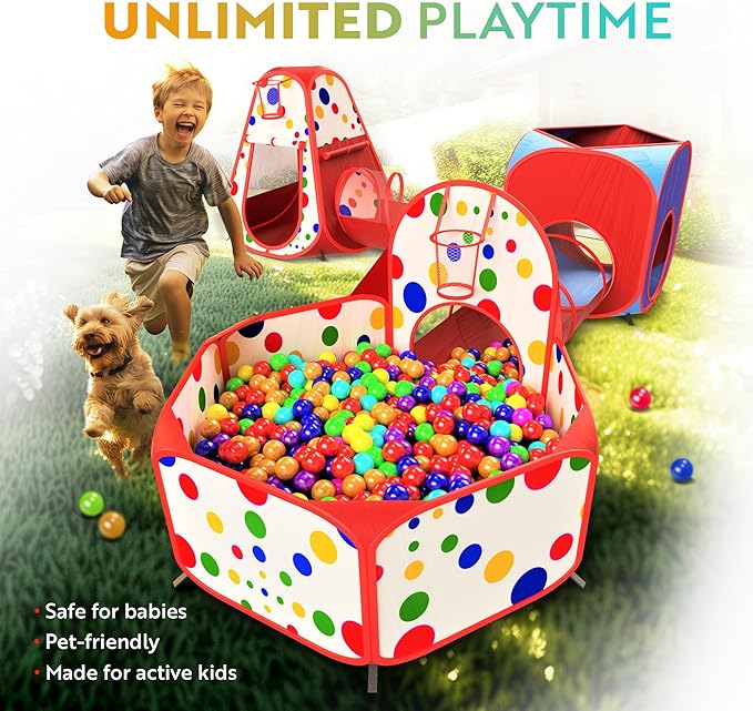 Playz 5-Piece Kids Play Tents Crawl Tunnels and Ball Pit Popup Bounce Playhouse Tent with Basketball Hoop for Indoor and Outdoor Use with Red Carrying Case