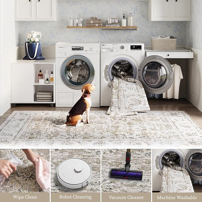 jinchan Hallway Runner Rug 3x8 Machine Washable Runner Rug Taupe Vintage Floral Design Non-Slip Low Pile Ultra-Thin for Kitchen Laundry Room Bedroom Farmhouse (3‘x8',Taupe)