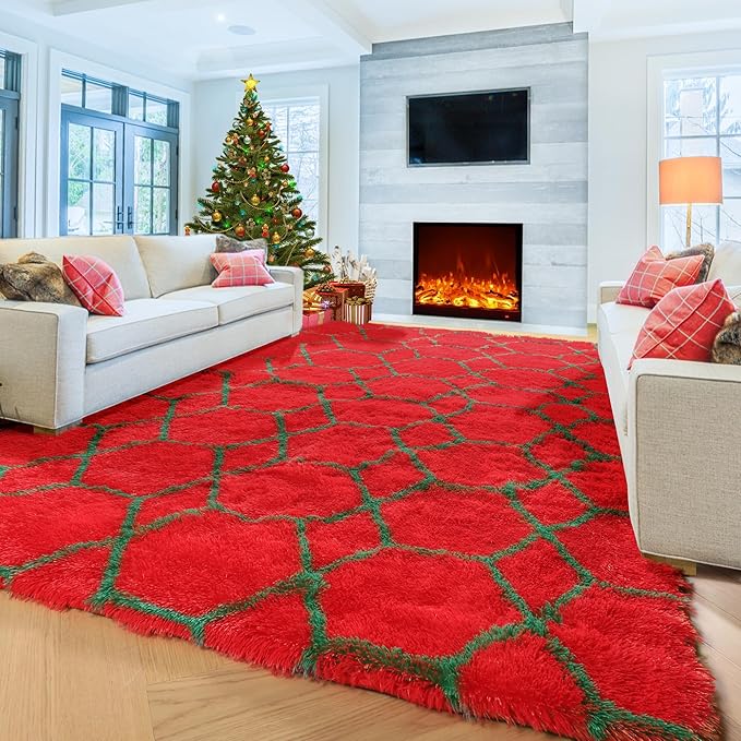 ONASAR Area Rugs for Living Room Bedroom, 5x8 Washable Fluffy Red and Dark Green Rug, Geometric Boho Soft Plush Shaggy Fuzzy Floor Carpet for Nursery Kids Girls Boys Teen Dorm Home Decor Aesthetic