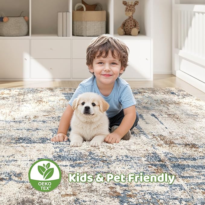 8x10 Area Rugs Washable Rug: Large Abstract Modern Soft Stain Resistant Indoor Floor Non Slip Accent Carpet for Living Room Bedroom Nursery Playroom Office Dining Room Dorm Home House Decor- Tan