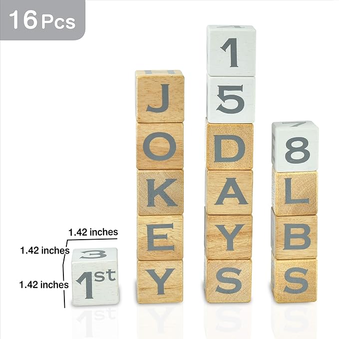 I'm Solid Wood Baby ABC Alphabet Milestone Age Blocks, Personalized Own Name, Gender Neutral, Newborn Gifts & Keepsakes for Picture Props (1.4" / 16 Pcs/Grey)