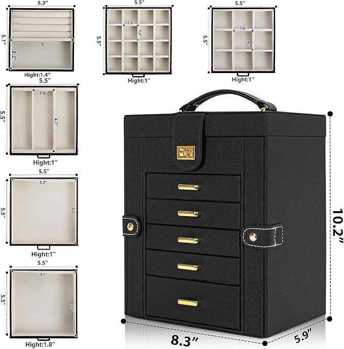 AKOZLIN Jewelry Box Organizer Functional Leather Jewelry Storage Case for Women Girls Ring Necklace Earring Bracelet Holder Organizer with Mirror Black