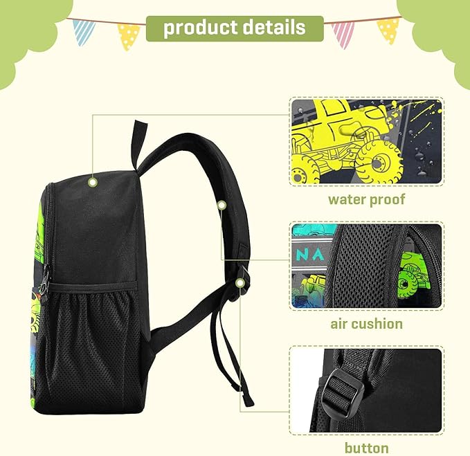 Colorful Monster Truck Toddler Backpack Waterproof Mini Backpack with Name/Text Preschool Backpack Cute Small Backpack Kindergarten Pre School Bags 13 Inch