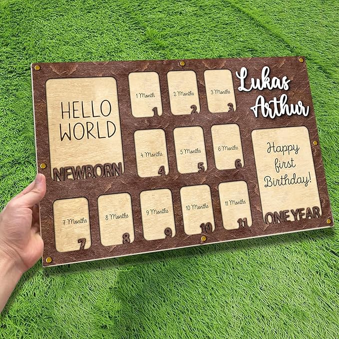 Personalized My First Year Photo Frame | 12 Months Picture Frame For Baby First Year | Displays Two 4x6 Photo and Eleven 2x3 Pictures | Birthday Party Decor Newborn Memory Keepsake, Style MP1