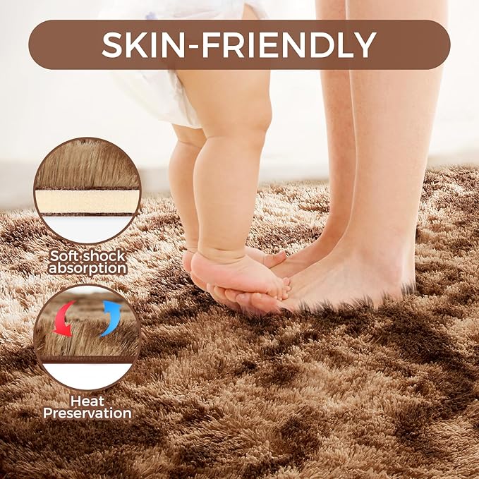 Ultra Soft Rug for Living Room, 5X8 Fluffy Shag Area Rug for Bedroom, Modern Shaggy Carpet Fuzzy Rug for Teens Dorm Nursery Home Decor Aesthetic, Upgrade Anti-Skid Durable, Tie-Dyed Coffee