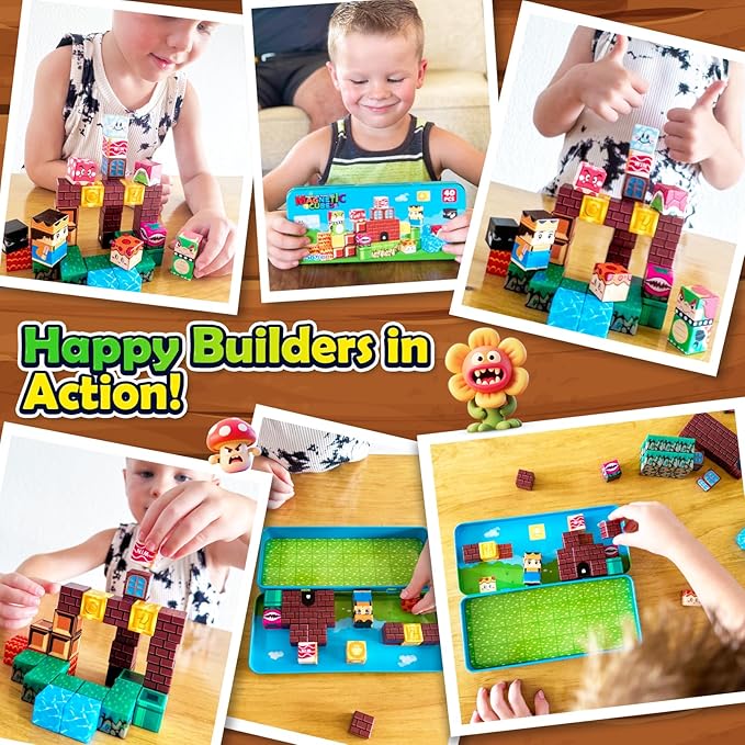 Magnetic Blocks Travel Toys with Portable Metal Tin - STEM Magnet Building Blocks Toddler Kids Toys for 3 4 5 6 7 8 Year Old Boys & Girls Xmas Birthday Gifts Classroom Must Haves Decor