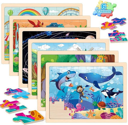 6 Packs Wooden Puzzles for Kids Ages 4-6, 60 Piece Wood Dinosaur Animals Jigsaw Puzzles for Toddlers Ages 3-5, Preschool Educational Learning Toys Gifts for 2 3 4 5 6 7 8 Boys Girls