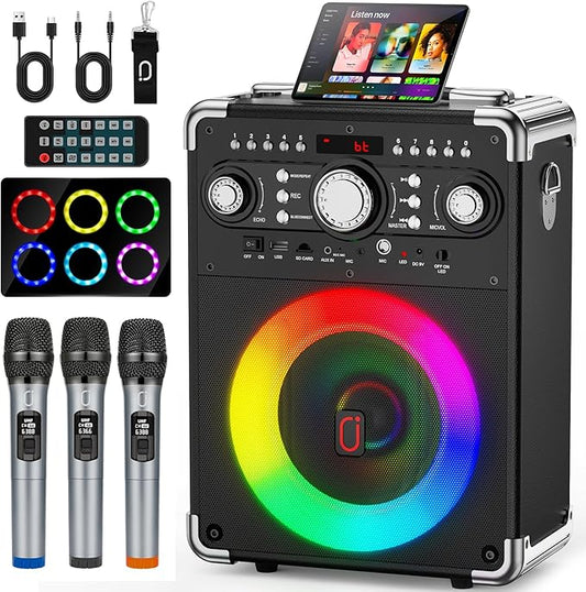 Karaoke Machine with 3 Wireless Microphones for Adults, Portable Bluetooth Party Speaker with Echo Adjustment, Singing Machine Support TWS/USB/TF Card/Guitar/TV Connected for Outdoor/Events etc