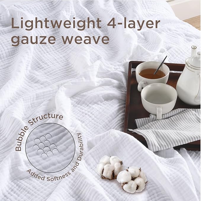Threadmill Summer Muslin King Size Blanket | 4 Layer 100% Cotton Gauze Blanket | Lightweight, Soft, and Breathable Muslin Blanket for All Seasons | White