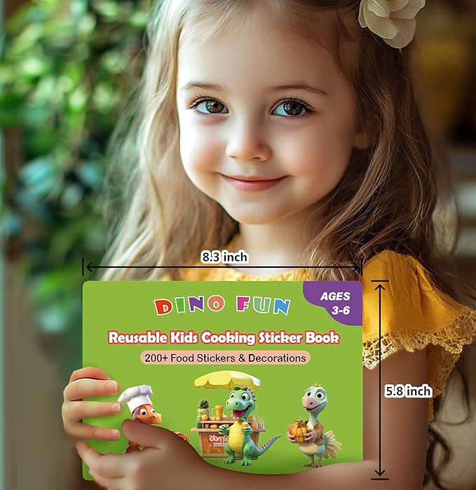 Dino Fun Cooking Food Reusable Sticker Book for Kids,11 Scenes + Over 200 Food Stickers,Treats Sticker Book for Toddlers 3-6 Years,Removable Decoration Snack Stickers,Make A Face Cupcake Sticker