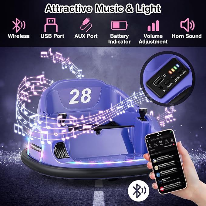 GLACER 12V Bumper Car, Electric Kids Bumper Car w/Parental Remote, 3-Speed, 360°Spin, Music, LED Light, Battery Ride on Bumper Car w/Dual Joysticks, Baby Bumper Car for Toddlers 18 Months+ (Purple)