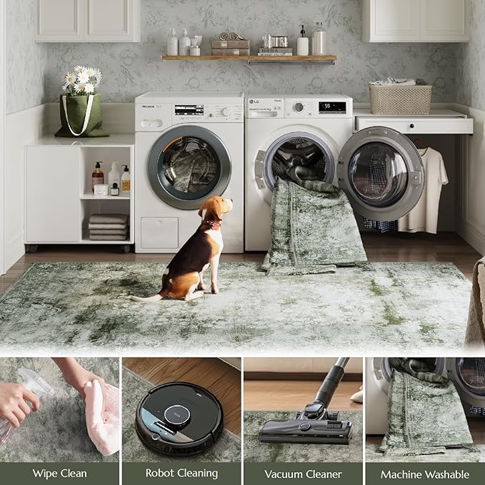 jinchan Green Runner Rug 2x5 - Machine Washable Vintage Floral Distressed Design Non-Slip Low-Pile Soft Thin Carpet for Hallway Kitchen Farmhouse Bedroom Entryway Laundry (2x5ft,Forest Green)