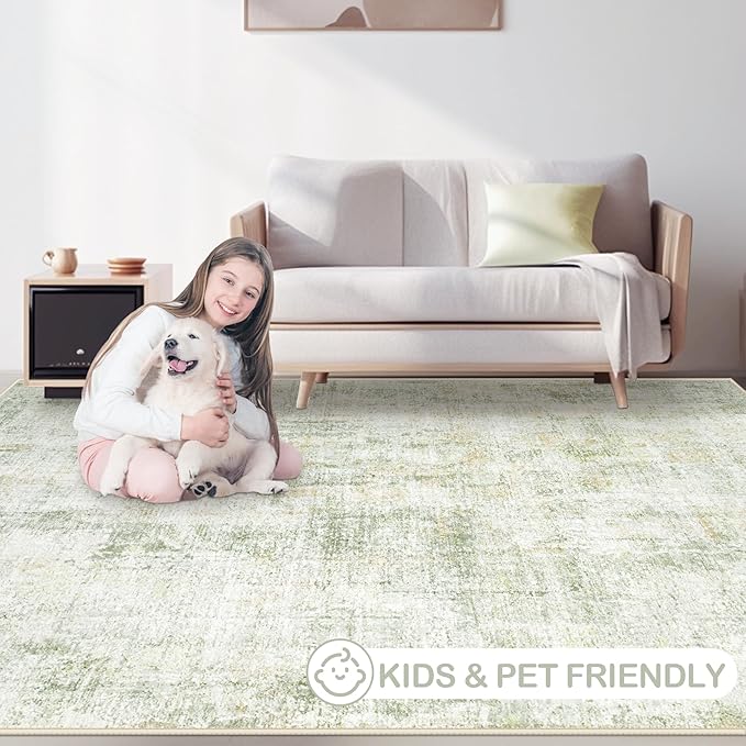 Area Rugs 8x10 Living Room: Washable Rug Modern Abstract Large Rugs Soft Non Slip Neutral Rug Stain Resistant Indoor Carpet for Bedroom Kitchen Dining Room Home Office Rugs(Green Brown,8'x10')