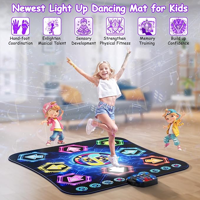 2025 Upgraded Dance Mat Toys for 3-12 Year Old Kids, Electronic Dance Pad with Light-up 8-Button Wireless Bluetooth, Music Dance with 27 Game Levels, Christmas Birthday Toy Gifts for Girls Boys