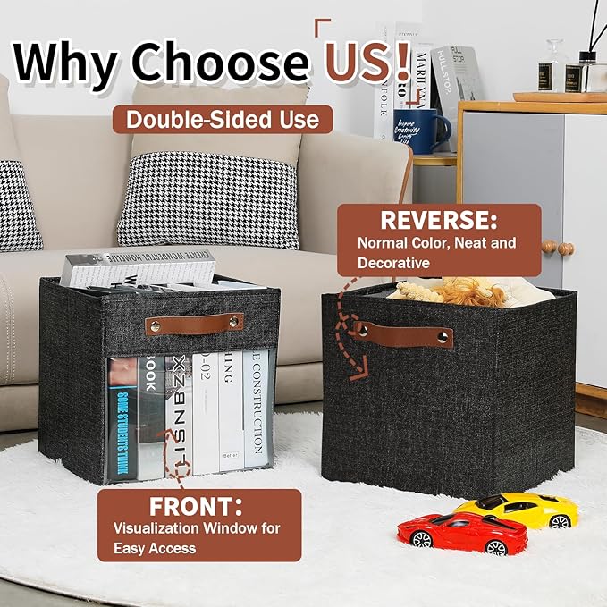 HNZIGE Fabric Cube Storage Bins 11 x 11, Collapsible Storage Cubes Bins for Storage Shelves,Foldable Cube Storage Bins for Storage, Cubby Closet Clear Bins for Storage Blanket(Prints Black 6PCS)