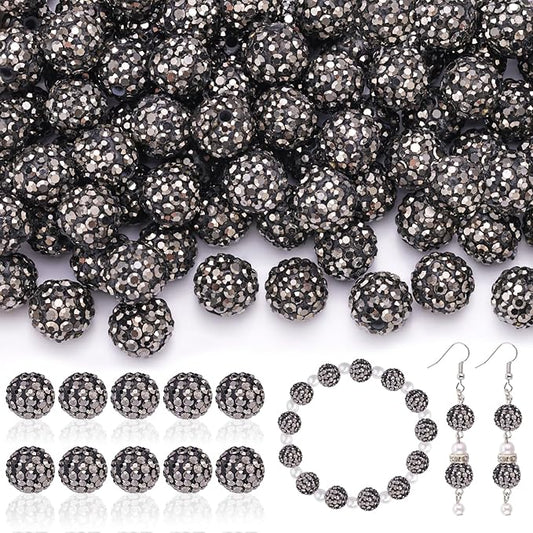 105pcs 10mm Rhinestone Beads for Jewelry Making, Hematite Shiny Round Disco Ball Beads Bulk, Sparkle Crystal Clay Christmas for Bracelet Baseball Necklace Earring Crafting and DIY