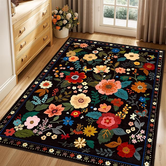 Floral 3x5 Area Rug Machine Washable Soft Print Boho Carpet Non Slip Doormat Low Pile Flower Area Rugs for Living Room Bedroom Nursery Kitchen Dining Room Indoor-Black
