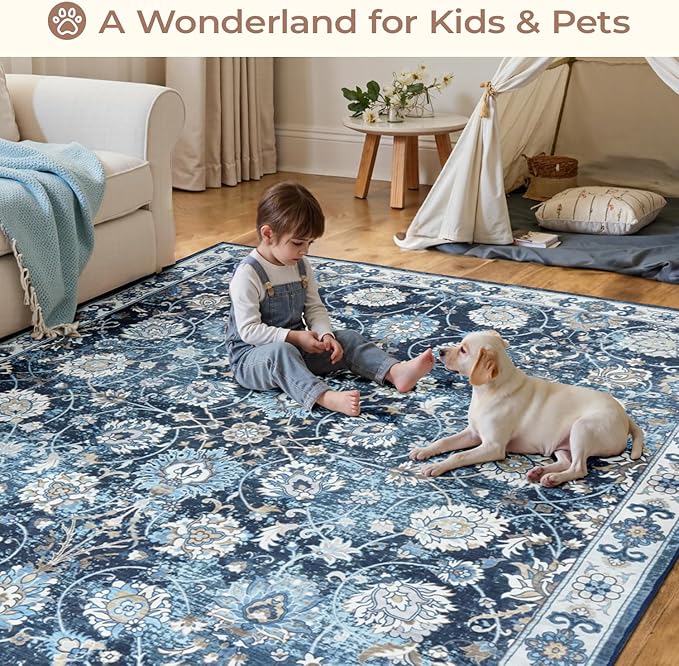 Floral Washable Area Rugs 5x7, Vintage Rug for Living Room, Large Bedroom Carpet, Non Slip Low Pile Ultra Soft Carpets for Indoor Dining Home Nursery Playroom Under Table, Blue Garden